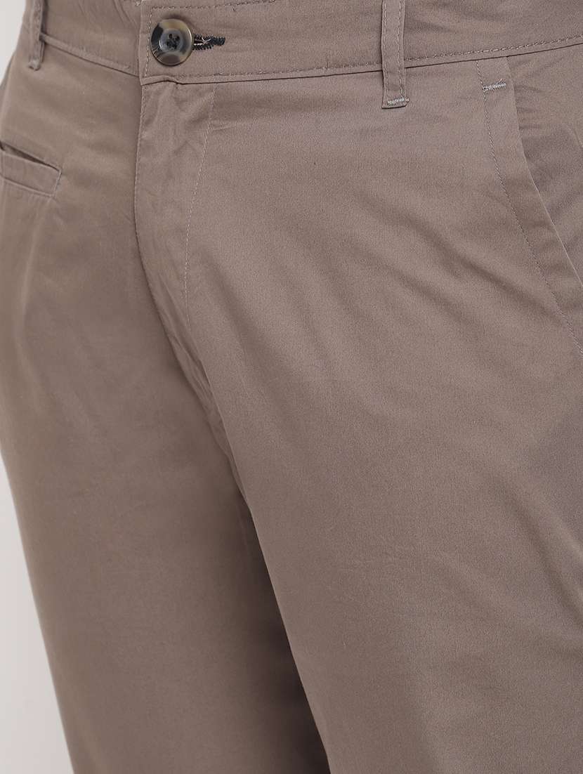 Brown Solid Flat Front Casual Trouser