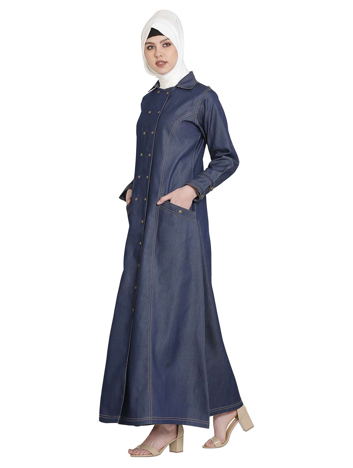 blue denim a-line cloaks & abaya - 17019716 -  Standard Image - 1