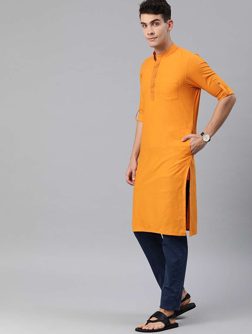 orange solid long kurta - 17027033 -  Standard Image - 1