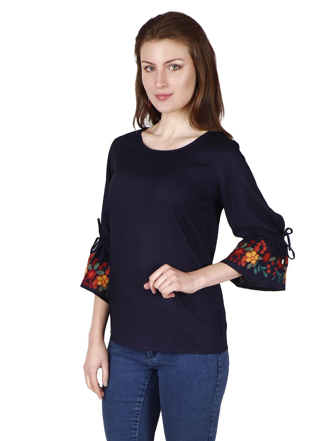 embroidered sleeves solid top - 17030009 - Standard Image - 1
