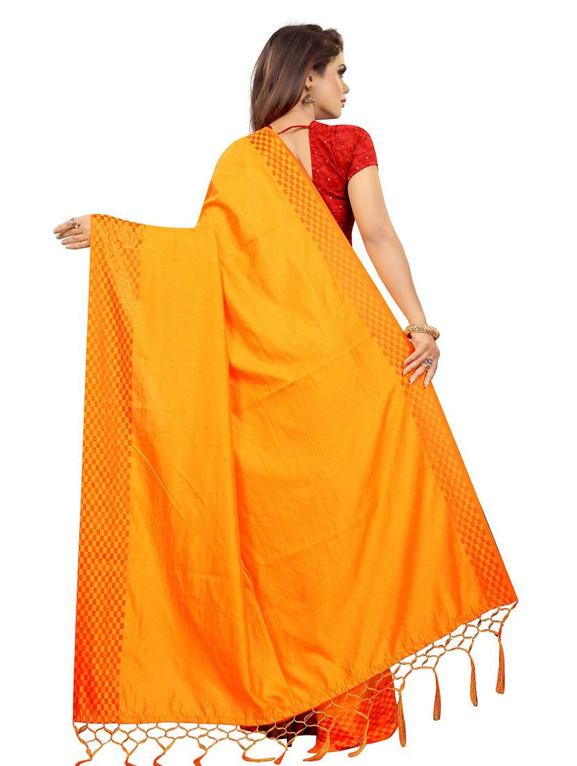 mustard solid saree with blouse - 17030477 - Standard Image - 1