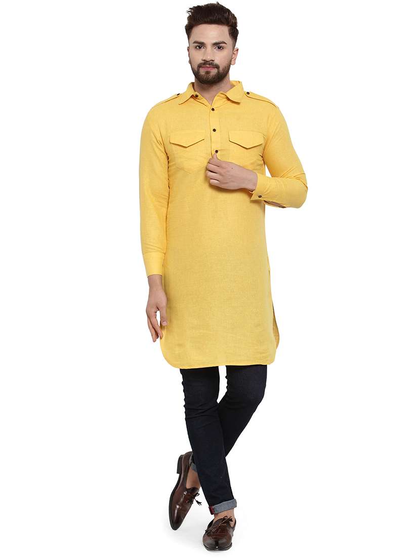 yellow solid pathani kurta