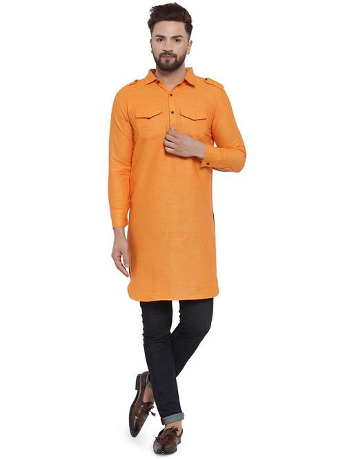 orange solid pathani kurta - 17030849 - Standard Image - 0