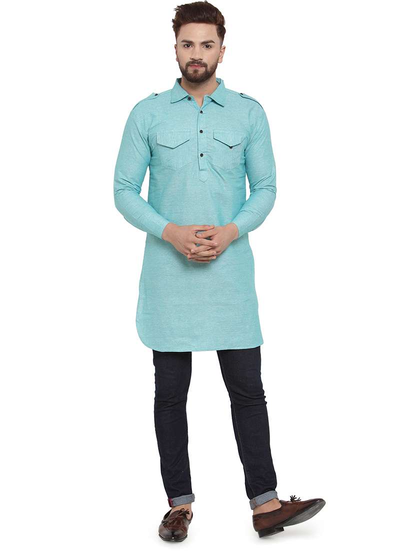 blue solid pathani kurta