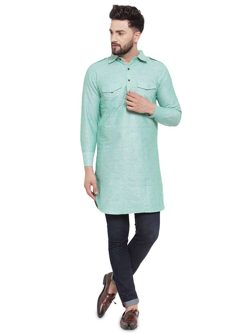 green solid pathani kurta