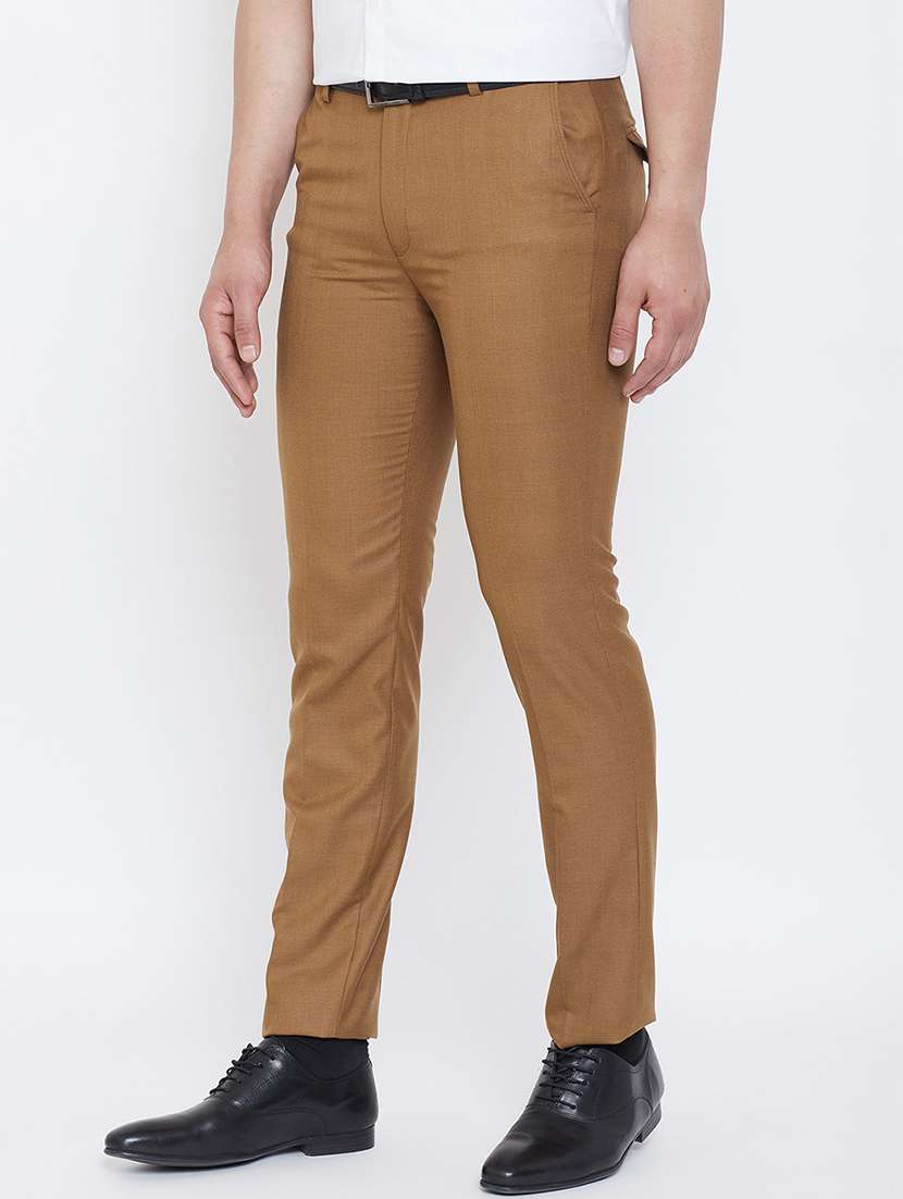 brown solid flat front formal trouser - 17031585 -  Standard Image - 1