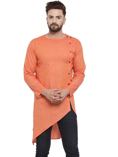 men orange solid asymmetric kurta - 17032534 - Standard Image - 0