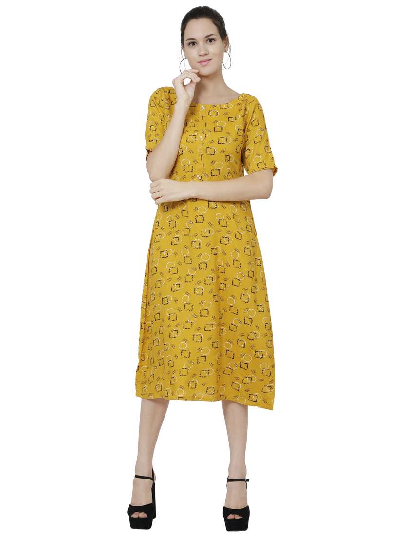 women yellow printed short sleeve a-line dress