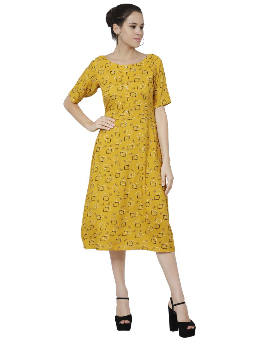 women yellow printed short sleeve a-line dress - 17059279 - Standard Image - 1