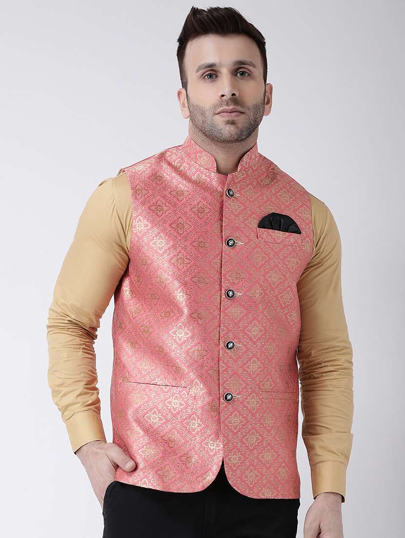 pink brocade nehru jacket