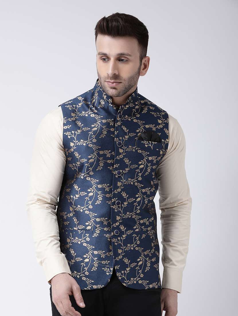 blue printed nehru jacket