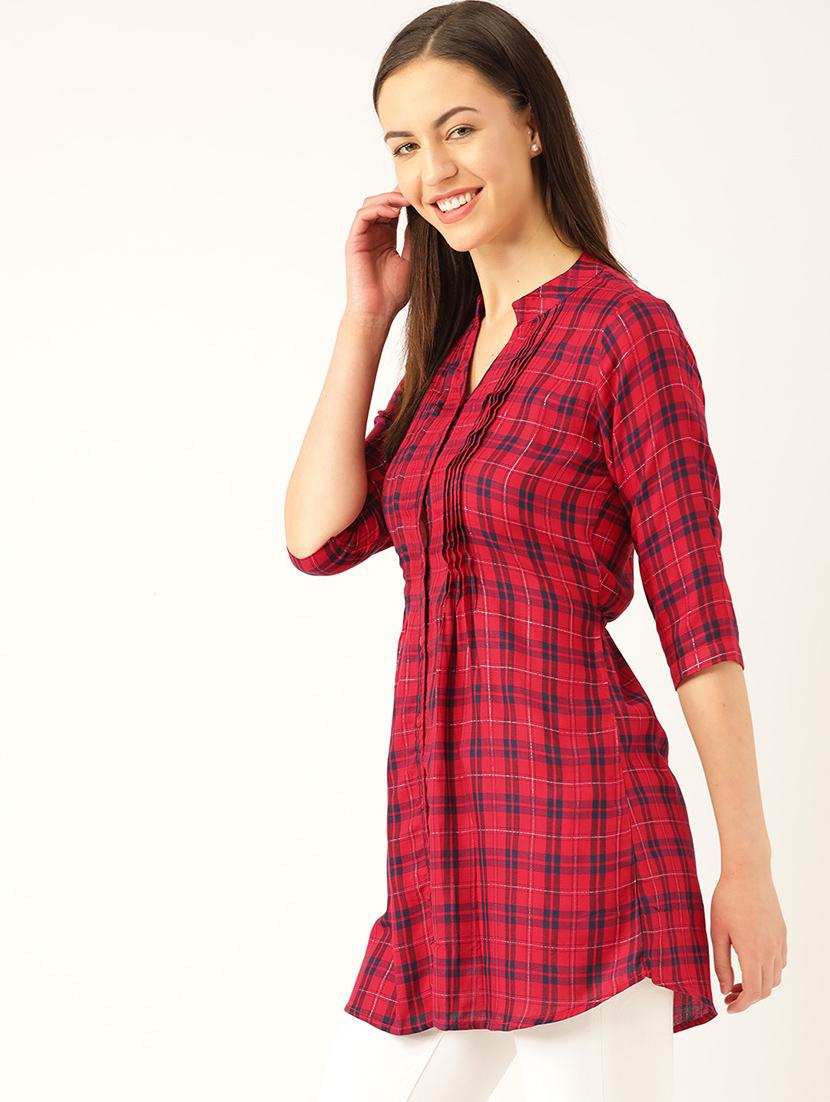 three quarter sleeves checks tunic - 17066341 - Standard Image - 1