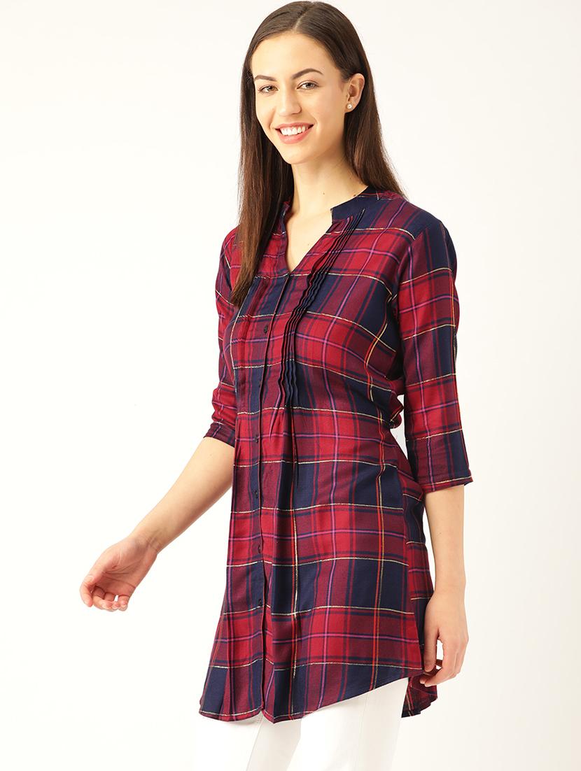 three quarter sleeves checks tunic - 17066342 -  Standard Image - 1