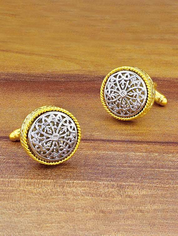 gold, silver metal cufflinks