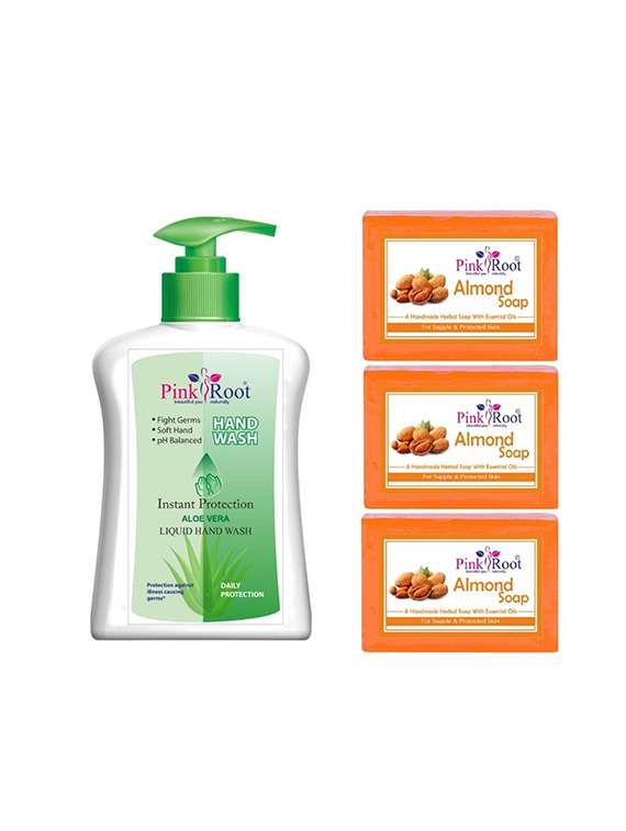 pink root aloe vera hand wash 200ml with almond soap 100gm 3pcs (pack of 4)