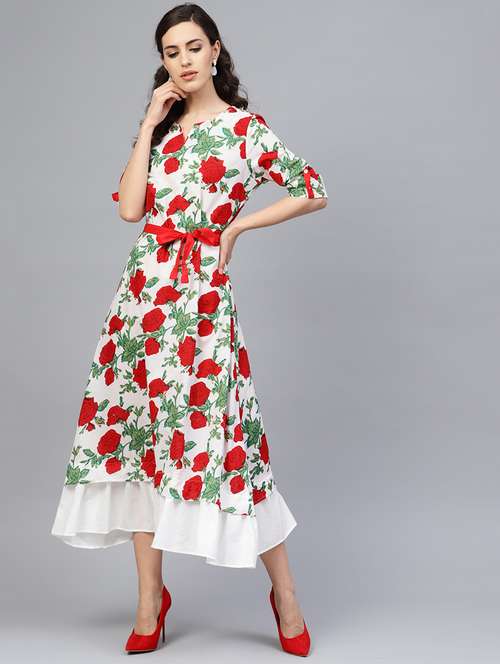 women white floral printed short sleeve layered ethnic dress - 17072271 -  Standard Image - 0