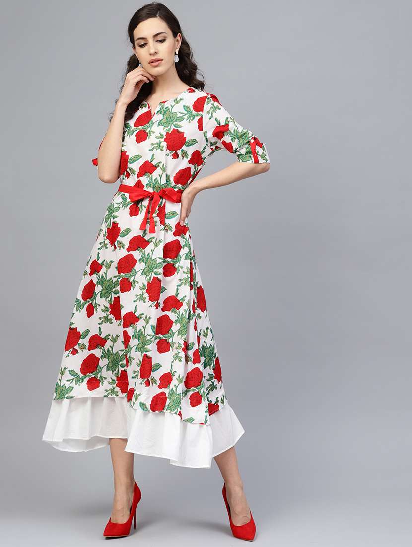 women white floral printed short sleeve layered ethnic dress