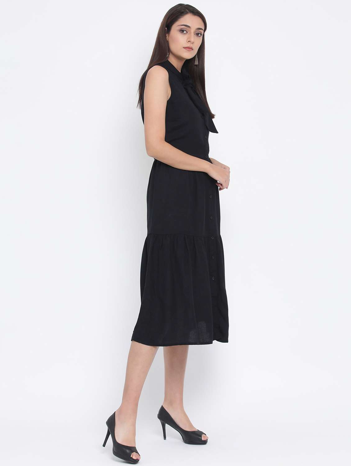 tie up neck button-up a-line dress - 17074092 - Standard Image - 1