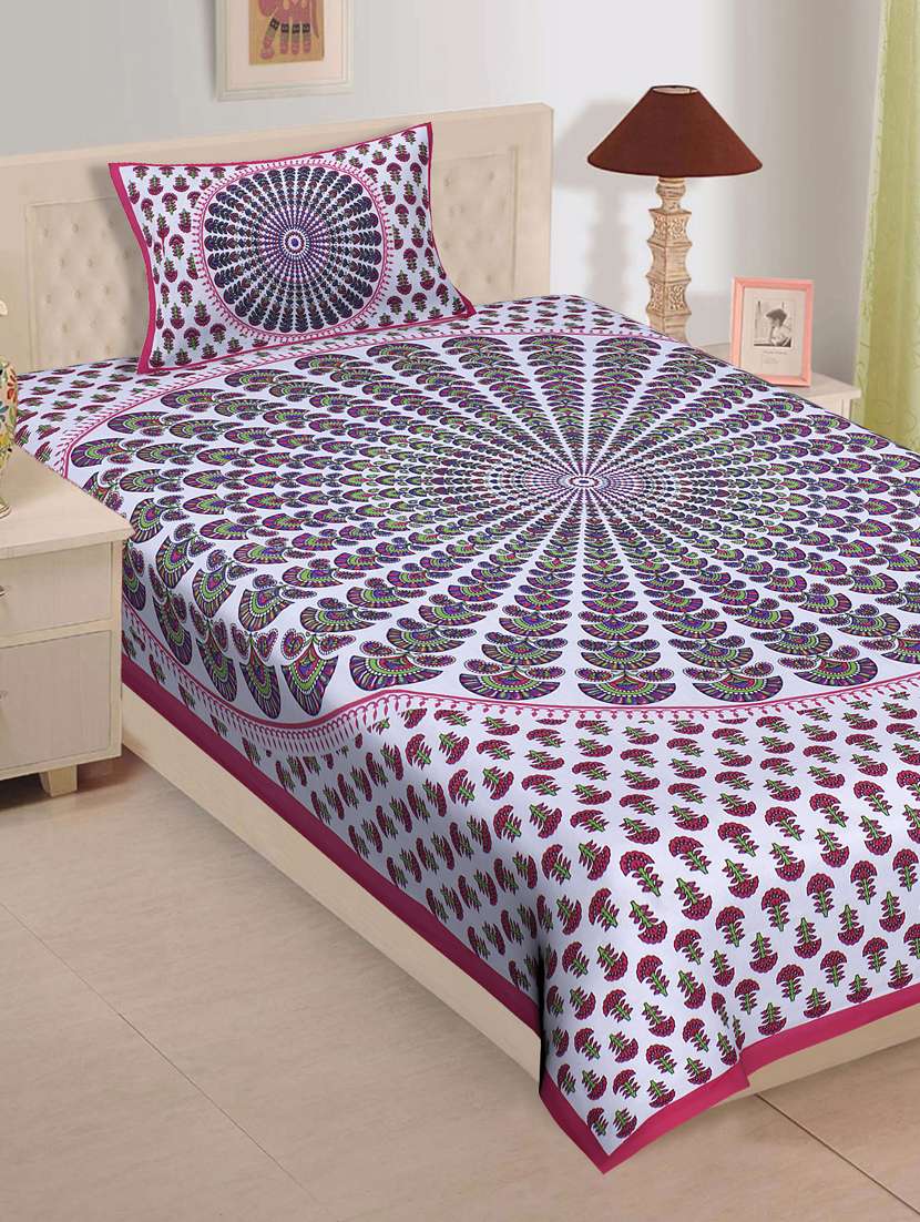  cotton jaipuri print single bedsheet with pillow cover