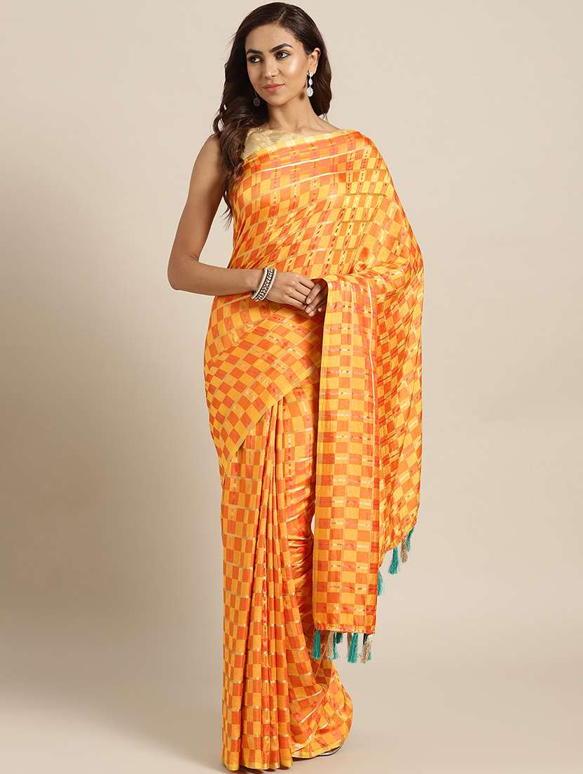 women's checks mustard colored saree with blouse