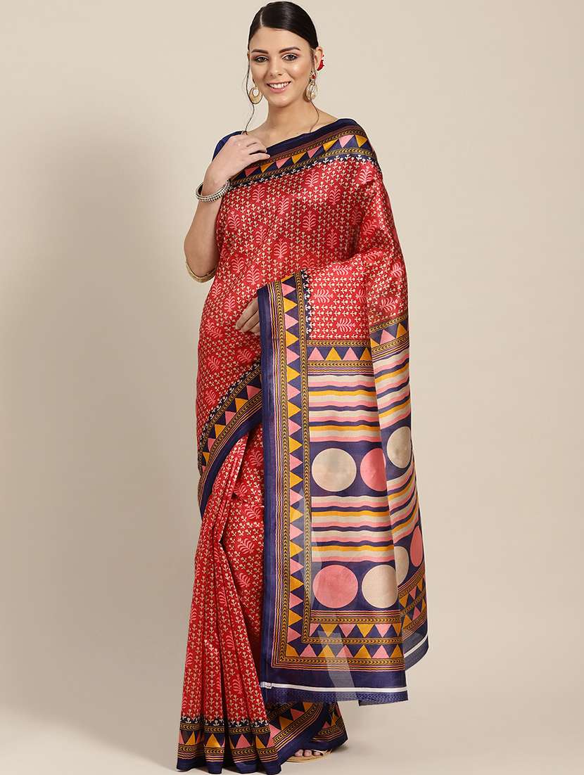 women's geometric red colored saree with blouse