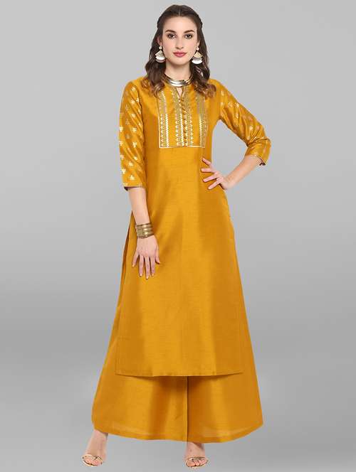 women three quarter sleeve kurta palazzo set - 17085873 - Standard Image - 0