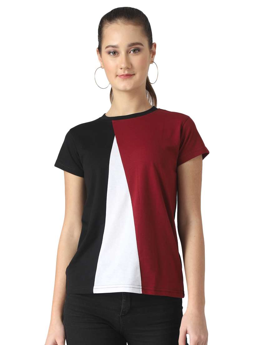 women's color block round neck t-shirt