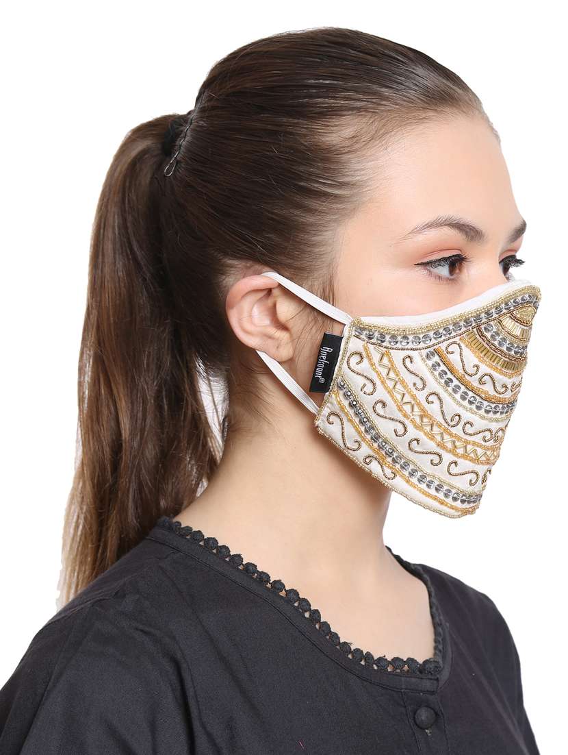 white 3 layer filteration  outer layermade from art silk fabric. inner made poly cotton which is extra soft and dries fast. middle 3rd of micro fabric for an stage filtration. decorative women mask - 17088265 -  Standard Image - 1