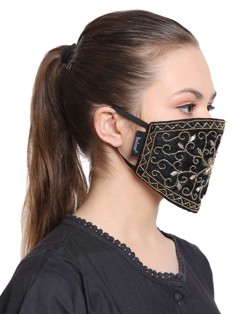 black 3 layer filteration  outer layermade from art silk fabric. inner made poly cotton which is extra soft and dries fast. middle 3rd of micro fabric for an stage filtration. decorative women mask - 17088269 -  Standard Image - 1
