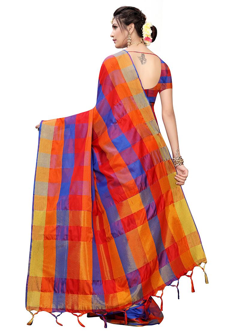 checkered printed saree with blouse - 17088964 - Standard Image - 1