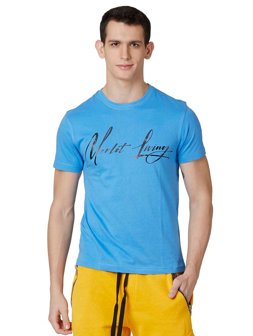 light blue typographic chest print t-shirt
