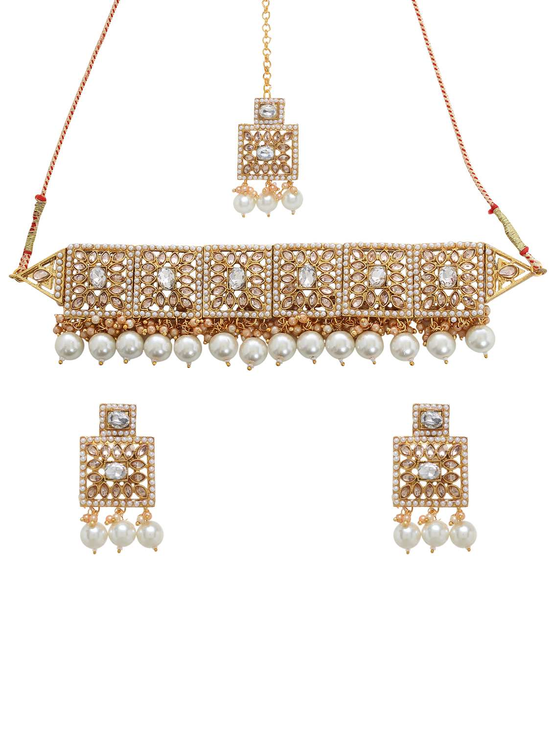 gold metal necklace earing and maang tikka set