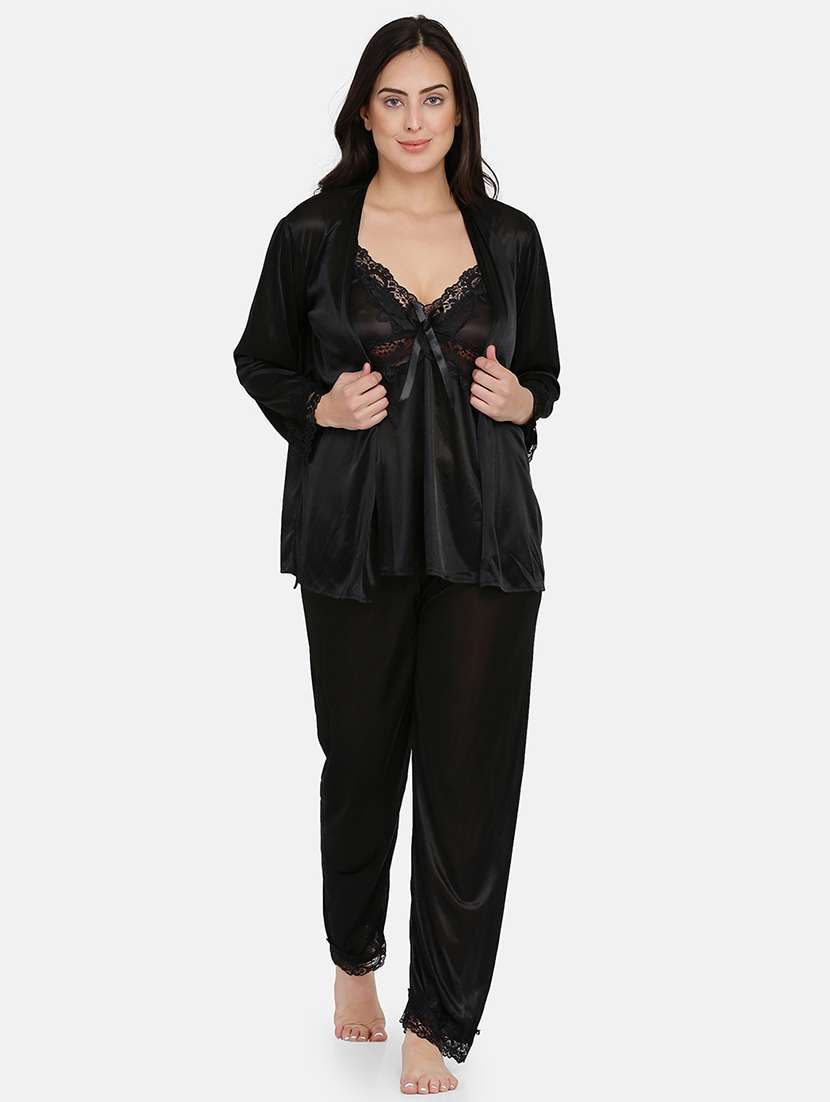 black satin pyjama set with robe 