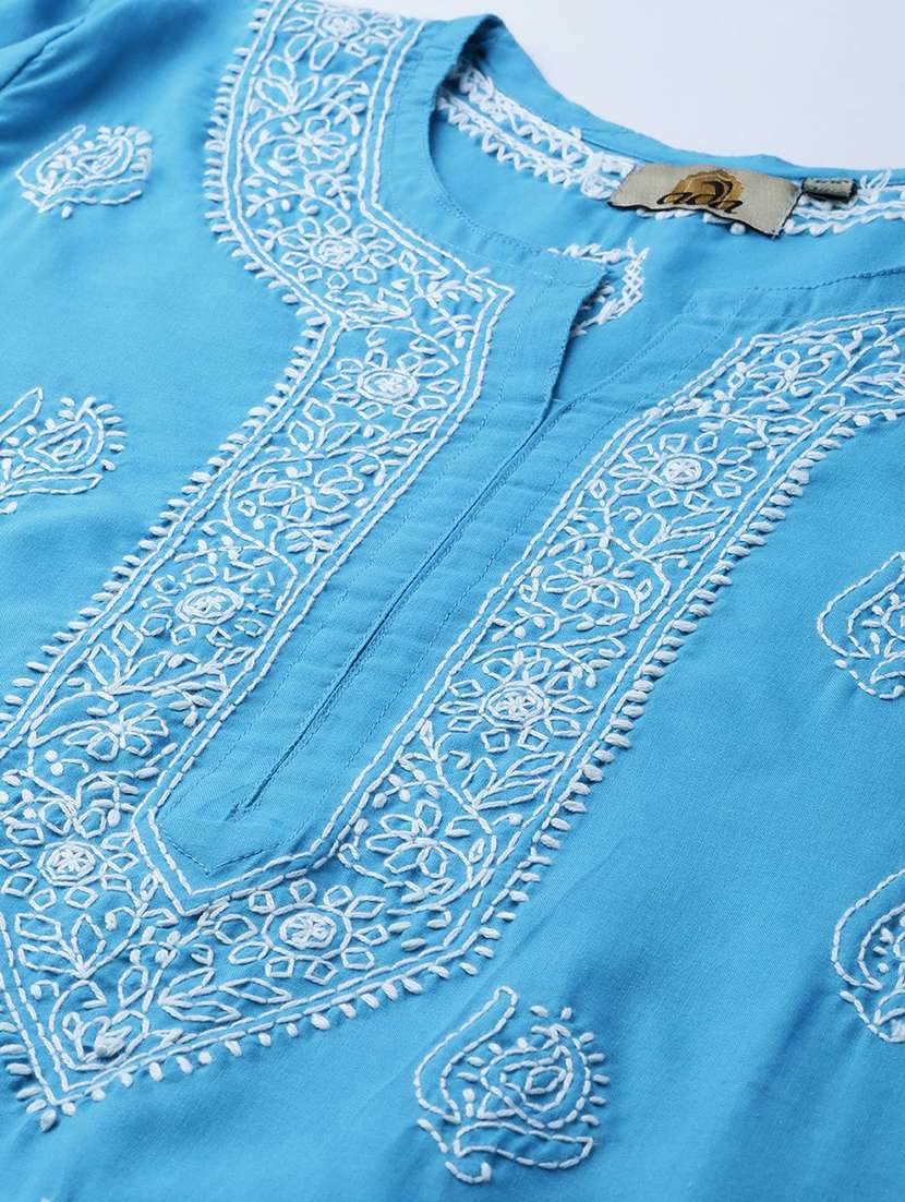 hand-embroidered blue chikankari kurti - 17092958 - Standard Image - 4
