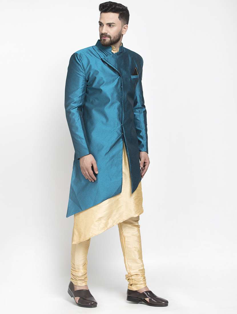 green jacquard silk blend sherwani set - 17095239 - Standard Image - 1