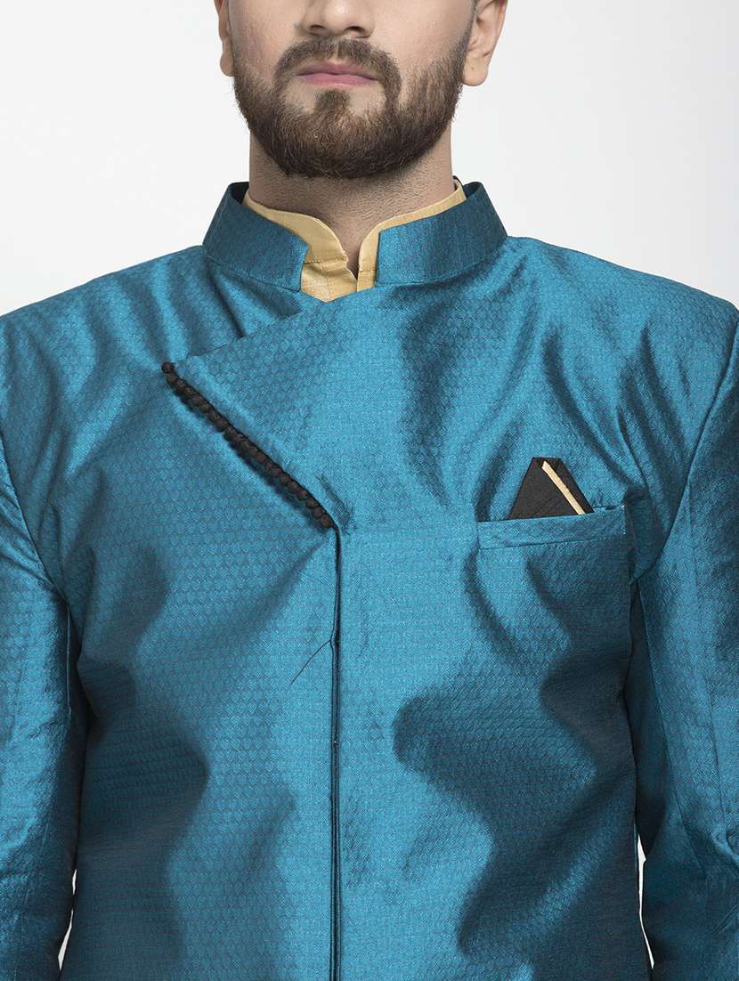 green jacquard silk blend sherwani set - 17095239 - Standard Image - 4
