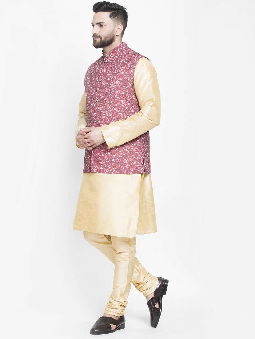 beige silk blend kurta pyjama set with maroon printed nehru jacket - 17095298 -  Standard Image - 1