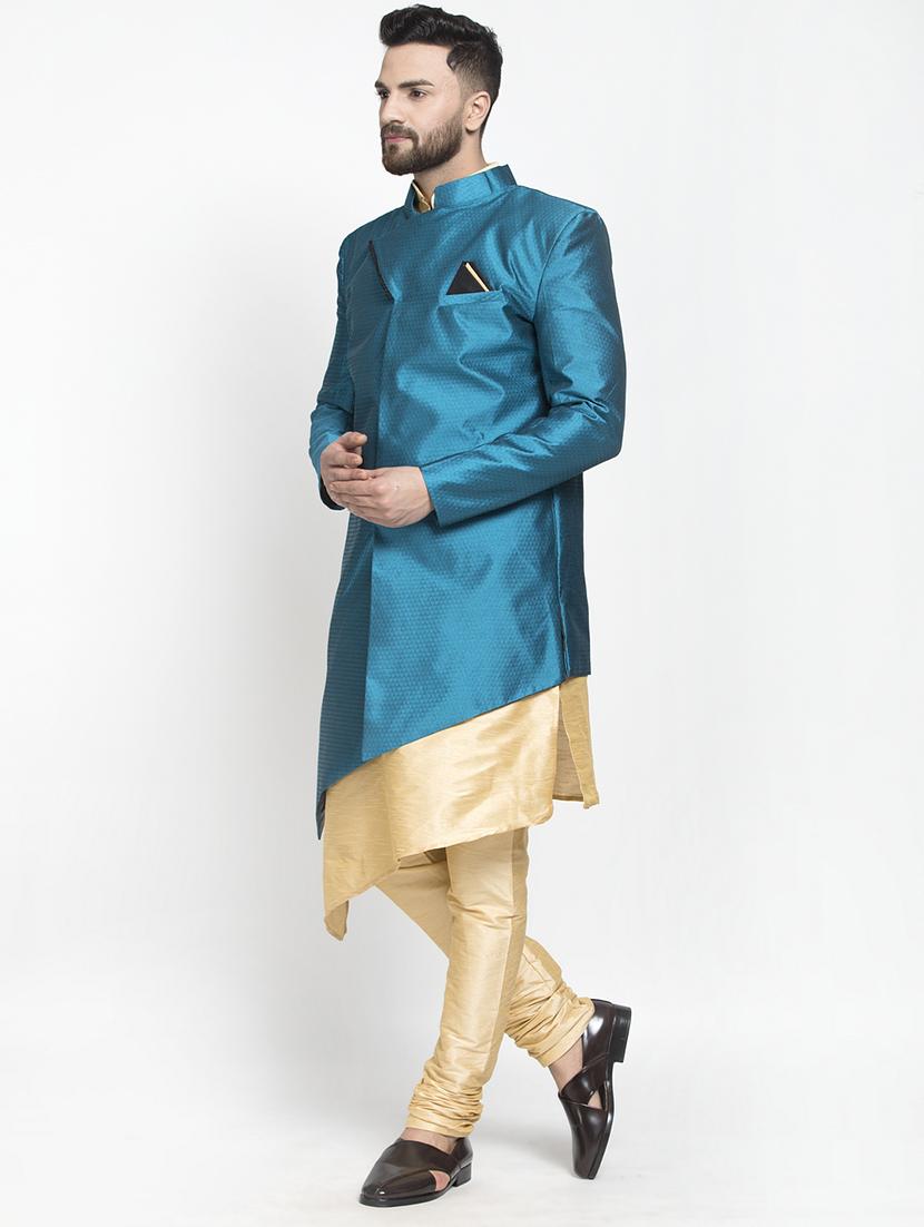 blue jacquard silk blend sherwani set - 17095549 -  Standard Image - 1