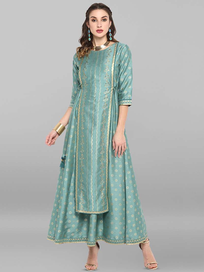 sea green foil printed layered ethnic dress
