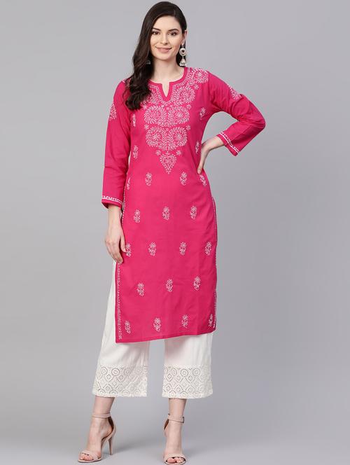 pink knee length cotton chikankari ladies kurta - 17098977 - Standard Image - 0