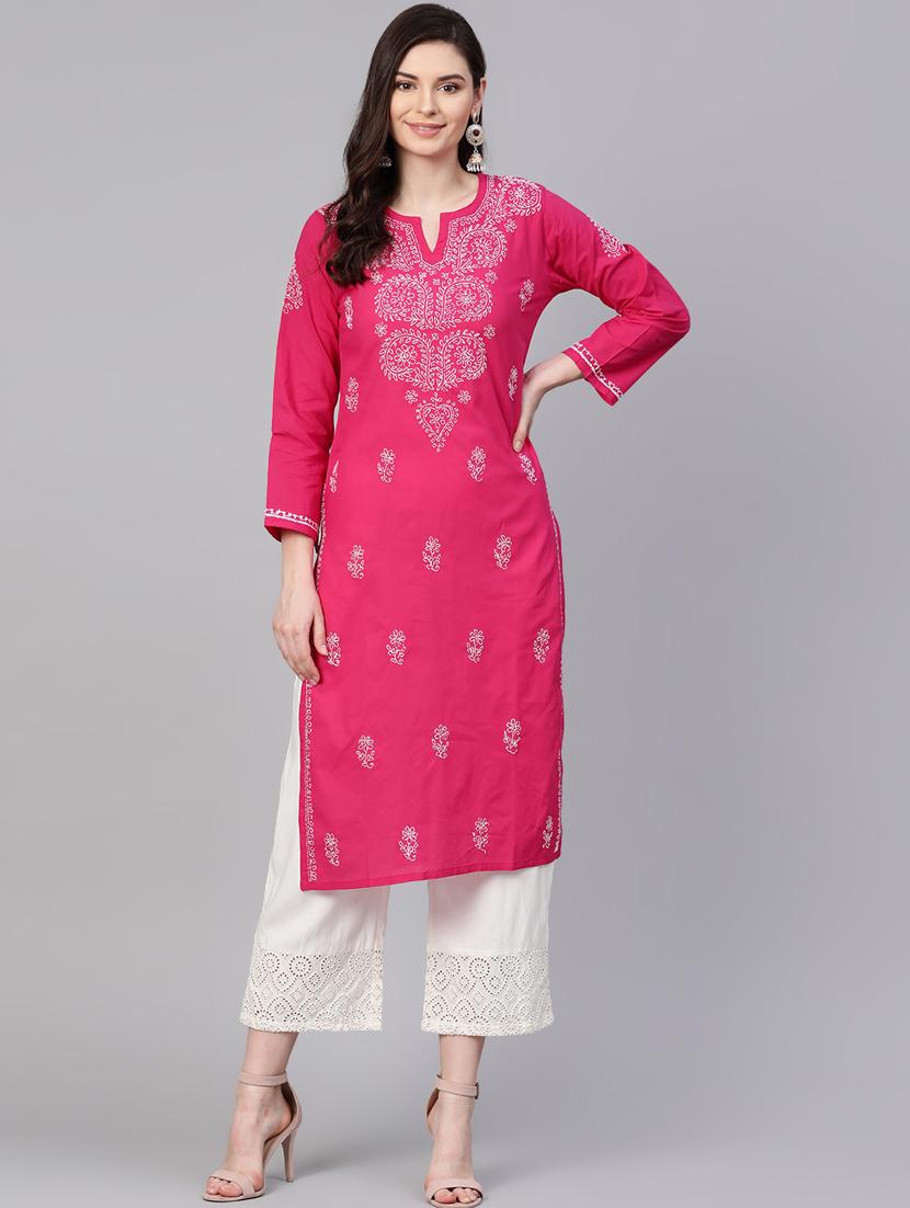 pink knee length cotton chikankari ladies kurta - 17098977 - Zoom Image - 0