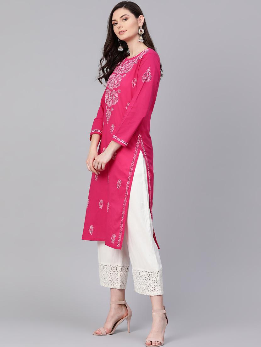 pink knee length cotton chikankari ladies kurta - 17098977 - Standard Image - 1