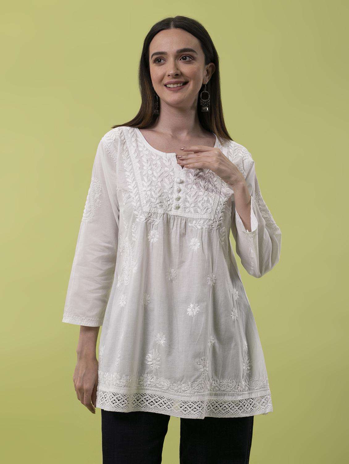  hand-embroidered white chikankari a-line kurti