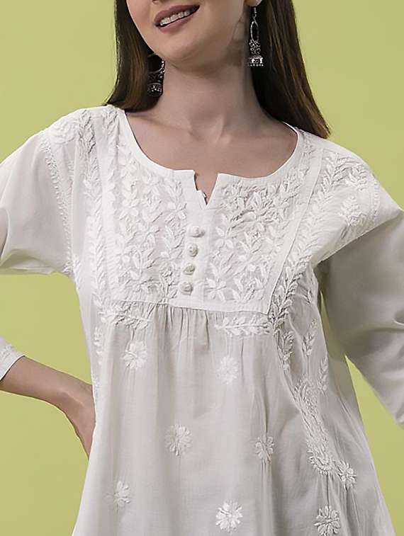  hand-embroidered white chikankari a-line kurti - 17098984 -  Standard Image - 1