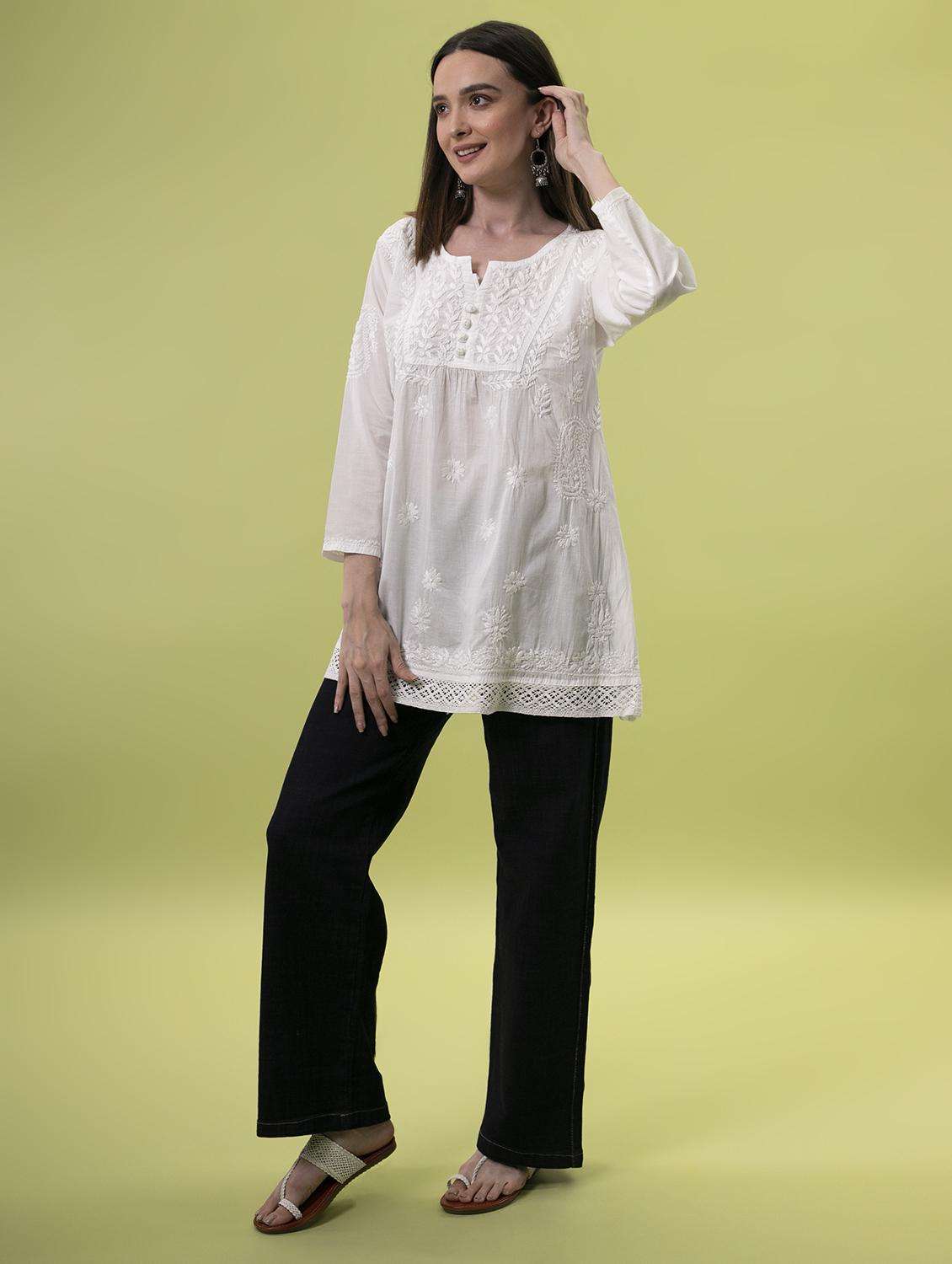  hand-embroidered white chikankari a-line kurti - 17098984 -  Standard Image - 4