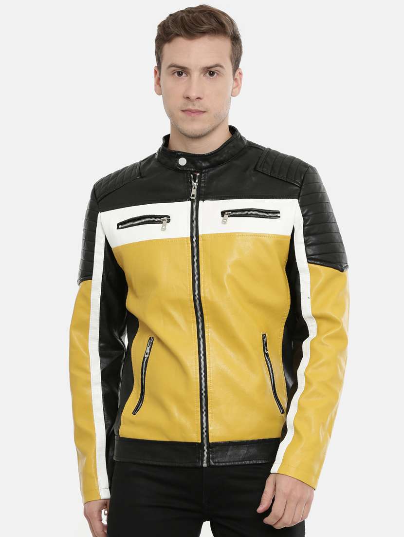 yellow color block pu biker jacket