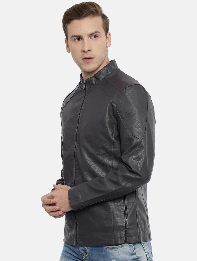 grey solid pu biker jacket - 17099008 -  Standard Image - 1