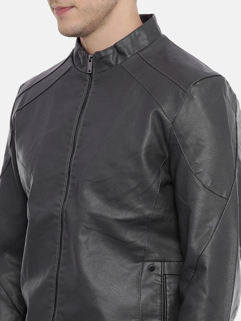grey solid pu biker jacket - 17099008 - Standard Image - 4