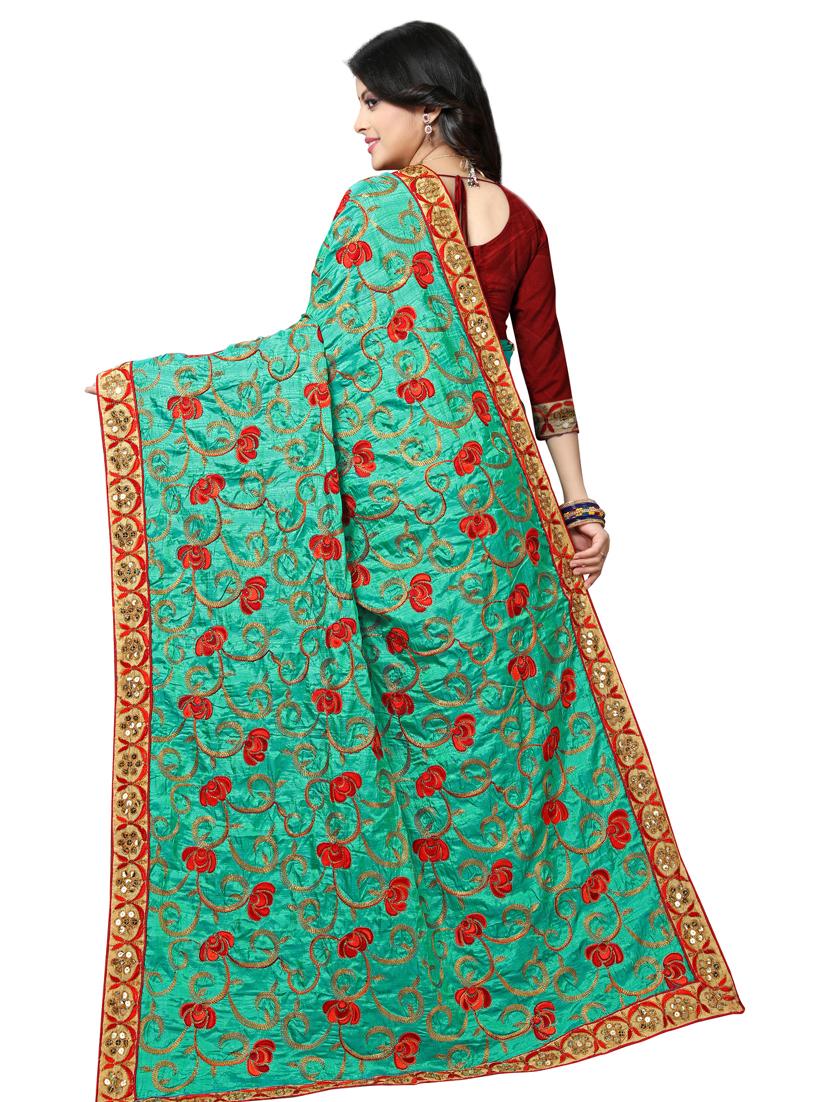 turquoise silk blend embroidered saree with blouse - 17100496 - Standard Image - 1