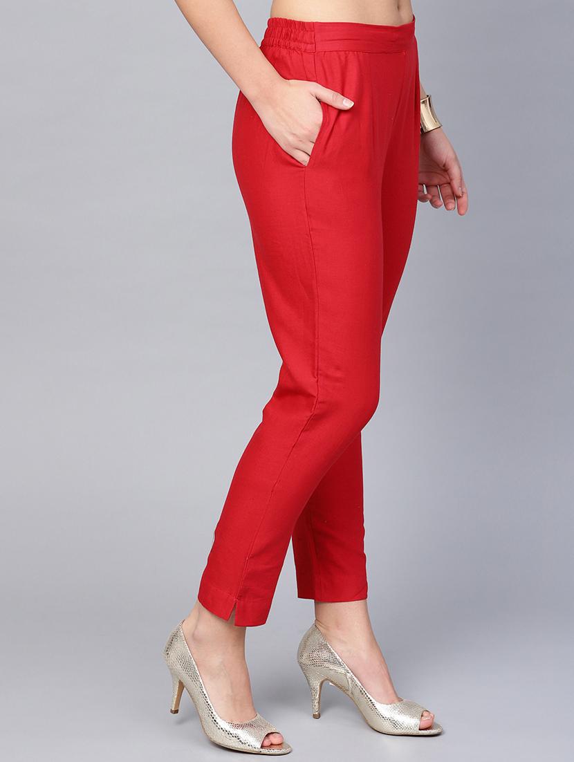 red cotton straight tapered pant - 17101889 - Standard Image - 1